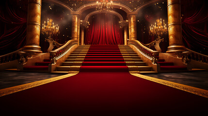 Regal Elegance, Red Carpet Stage with Maroon Steps and Golden Spotlight