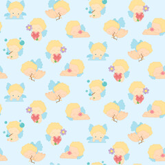 Seamless pattern with cute little angels. Vector colorful backdrop for Valentines Day