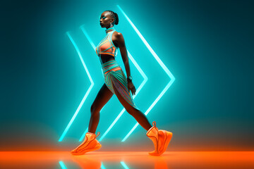 African woman in neon costume and neon shoes, in the style of futuristic pop, luminous color palette	
