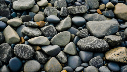 Fototapeta na wymiar Close-up of rock assortment. A beautiful assortment of shiny rocks, from smooth quartz to blue agate