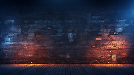 Urban noir, old brick wall with neon lights in a dark empty night street
