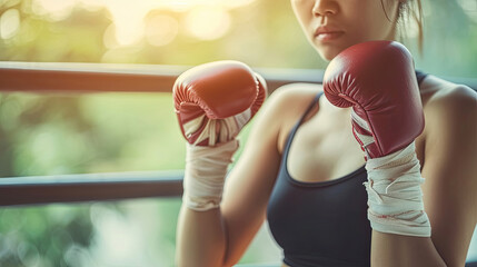 Adult Asian women using elastic bandage to tie on her hands before put on a boxing glove for boxer training class, Sport, fitness and exercise concept for good health and strong muscle and body. - Powered by Adobe