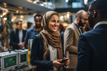 Muslim woman in a headscarf talk with his colleague on business meeting. - Powered by Adobe