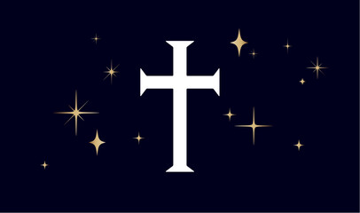 Christian religious cross. Symbol religion cross on dark background, shiny golden stars. White prayer cross sign, religious symbol, golden stars, black background christian faith. Vector Illustration