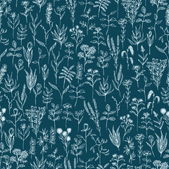Seamless vector blue floral pattern. Different delicate branches on dark blue background. Lots of wild plants, flowers and herbs.
