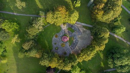 Aerial photo of park with trees and pathways