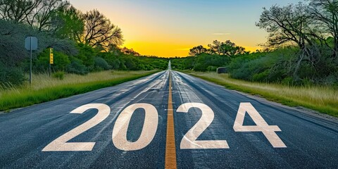 On road to 2024. Conceptual journey into future symbolizing success and new beginnings with asphalt highway forward looking directional sign and inspirational landscape - obrazy, fototapety, plakaty