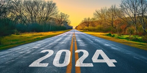 On road to 2024. Conceptual journey into future symbolizing success and new beginnings with asphalt highway forward looking directional sign and inspirational landscape