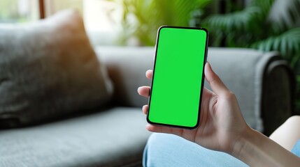 A person seated indoors holding a smartphone with a green screen, with a couch in the background. - Powered by Adobe