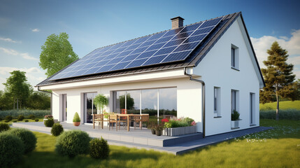 Fototapeta na wymiar Solar panels on a gable roof. Beautiful, large modern house and solar energy. Rays of the sun.