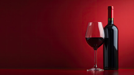 Bottle and glass of red wine on a red background. Copy space.