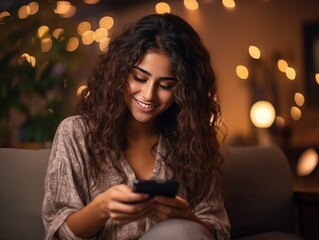 Happy young latin woman sitting on sofa holding mobile phone using cellphone technology doing ecommerce shopping, buying online, texting messages relaxing on couch in cozy living room at home, -