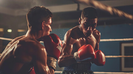 Boxer missing his opponent during a fight in a boxing ring. Two male boxers having a boxing match in a gym. - obrazy, fototapety, plakaty