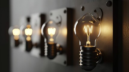A series of light bulbs are aligned against a dark backdrop, with one bulb brightly illuminated.