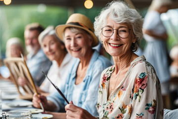 Fototapeta premium Senior lady enjoying painting activity with her friends at a park
