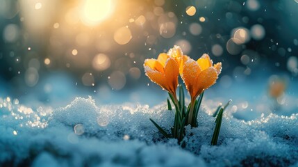First flowers emerging from melting snow, Sparkling Snow Contrast with Delicate Petals, holiday of...