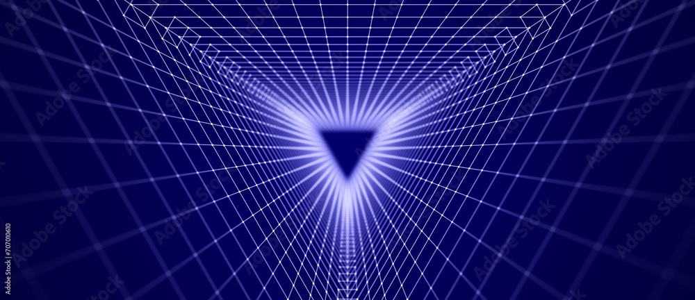 Poster Abstract tunnel of dots and lines. 3D wormhole with a mesh structure. Vortex. 3d rendering