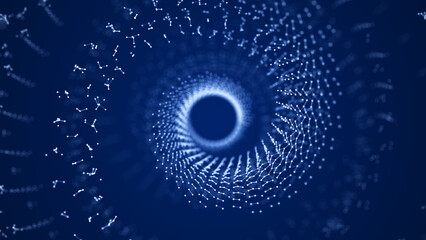 Abstract tunnel of dots and lines. 3D wormhole with a mesh structure. Vortex. 3d rendering
