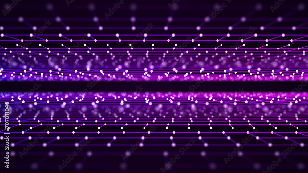 Poster Network of bright connected dots and lines. Abstract dynamic wave of many points. Digital background. 3D rendering.