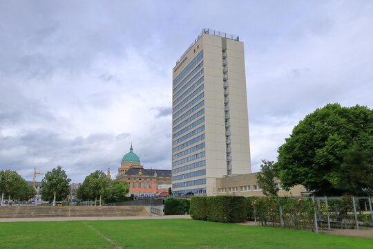 July 31 2023 - Potsdam, Brandenburg in Germany: Mercure international hotel Potsdam on a cloudy day