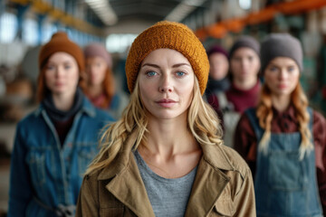 Portrait of a group of female workers wearing woolen hats in a factory