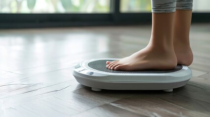 A person is checking their weight by standing on a digital weighing scale on a wooden floor.