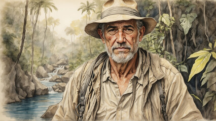 Fototapeta premium A portrait of an elderly man traveling in the jungle. The traveler is trim, in hiking clothes, with a backpack over his shoulders and a hat on his head. Tropical forest and river in the background.