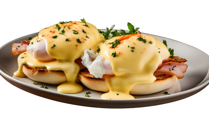 eggs benedict png, brunch classic, poached eggs, Canadian bacon, hollandaise sauce, English muffin, breakfast clipart, delicious dish, transparent background, culinary illustration







