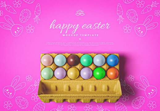 Happy Easter Mockup Template with Twelve Eggs in A Box