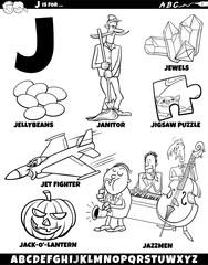 Letter J set with cartoon objects and characters coloring page