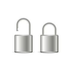 metal padlock. closed and open padlock silver steel lock
