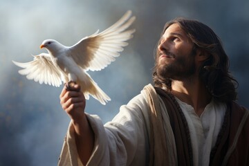 Jesus Christ with a dove in his hands. The concept of God, The Symbol of the Holy Spirit 