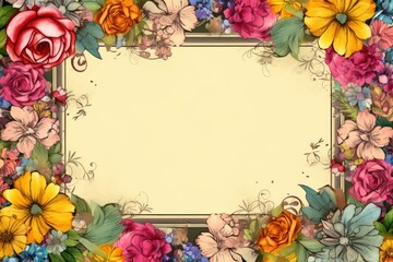 Frame with colorful flowers on chartreuse background