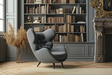 A grey comfortable armchair next to a shelf full of books, in the style of luxurious, sober tones, gray and brown and with a window on the side