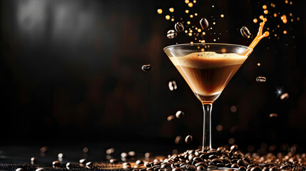 Espresso Martini drink with splashes and falling coffee beans on a black background. Copy space. - obrazy, fototapety, plakaty