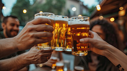 Evening group of friends drinking beer and clinking glasses. - obrazy, fototapety, plakaty