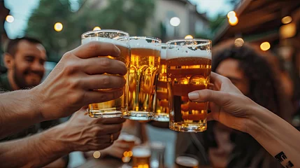 Keuken spatwand met foto Evening group of friends drinking beer and clinking glasses. © Sasint