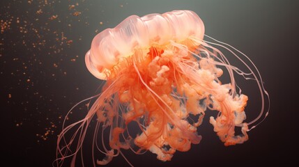 Peach fuzz jellyfish in the deep sea. Weird look od splashes and smoke swimming in the sea deep. - obrazy, fototapety, plakaty