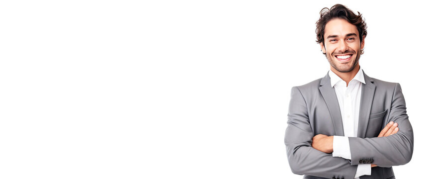 Young male confident businessman, white background isolate. Successful professional in suit, tie, entrepreneur.