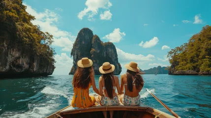 Rolgordijnen Group of Young Asian woman friends sitting on the boat passing island beach lagoon in summer sunny day. Attractive girl enjoy and fun outdoor lifestyle travel on summer holiday vacation in Thailand © Sasint