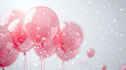 Shiny pink glitter balloons on light pink soft pastel background. Card for christmas, wedding, birthday, woman's day, mothers day, valentine's day.