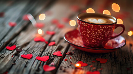 White cup of coffee with red heart on wooden table over lights at background. Valentines day. Good...