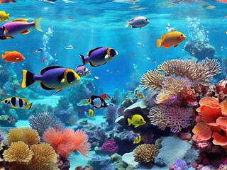 3D Wallpaper of Tropical Coral Reef with Vibrant Fish in Aquarium. Generative AI.