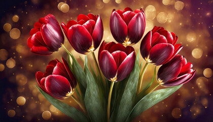 Bukiet pięknych bordowych Tulipanów. Tapeta, dekoracja ścienna, Walentynki.  Generative AI - obrazy, fototapety, plakaty