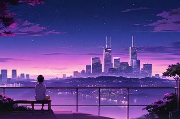 Chill Purple Shares in Night Skyline: Lofi Vibes with Manga and Anime Influence. 