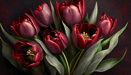 Bukiet pięknych bordowych Tulipanów. Tapeta, dekoracja ścienna, Walentynki.  Generative AI - obrazy, fototapety, plakaty