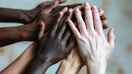 Hands of different people, of diverse race, skin color, gender raising over grey background. Human rights and equality. Concept of human relation, community, togetherness, symbolism, culture - obrazy, fototapety, plakaty