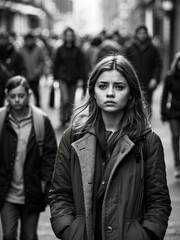 Mental health problems, young woman stands in crowd of people in a hazy and sad mood.