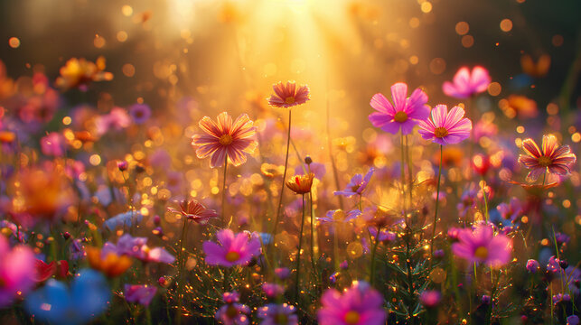 Field of spring flowers at sun set. Generative AI	
