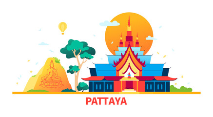 Sunrise in Pattaya - modern colored vector illustration with Wat Phra Kaew and Khao Chi Chan - the Buddha Mountain. Ancient sights and temples of Thailand, tropical nature, tourist summer idea